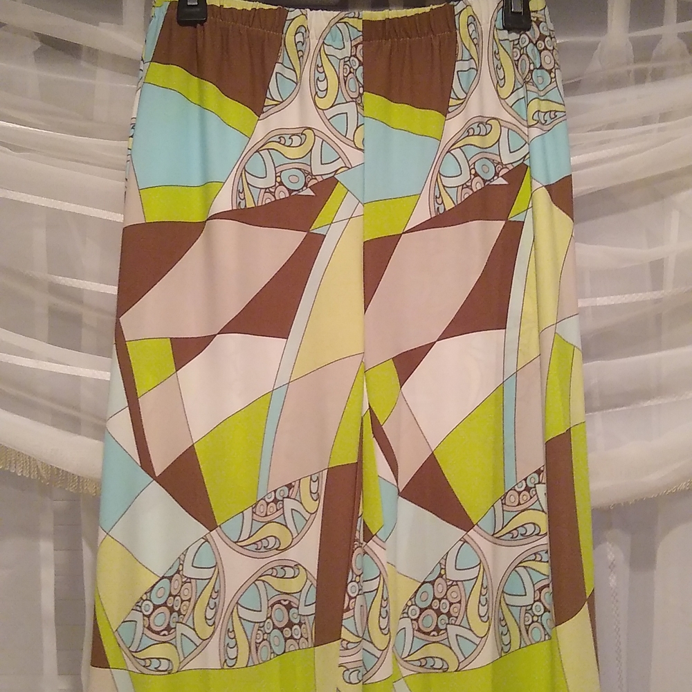 Chico's Multi Color Abstract funky disco pants, wide leg, green blue brown nwt S - Picture 2 of 12